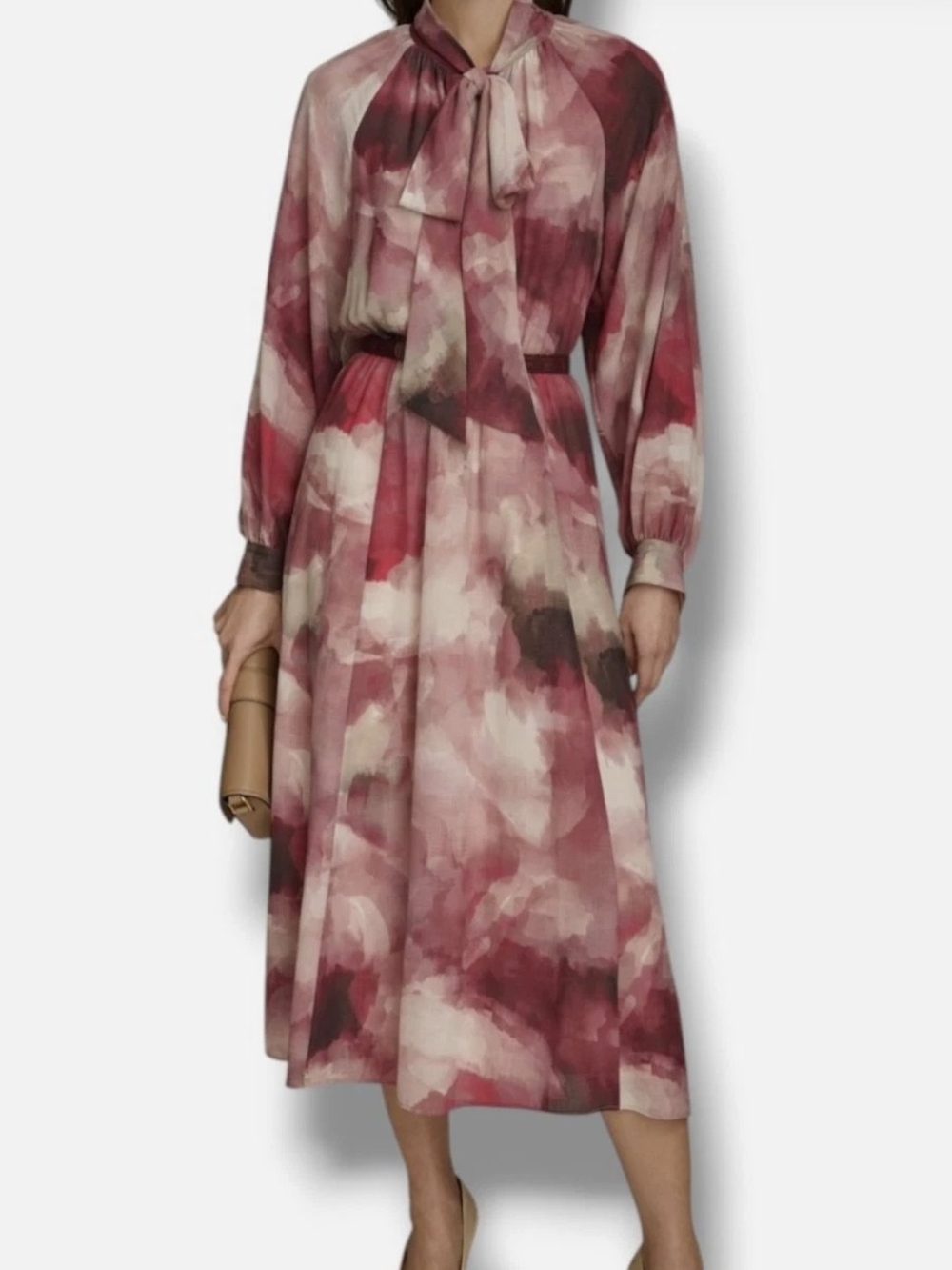 Tie-Neck Pink Watercolor Midi Dress